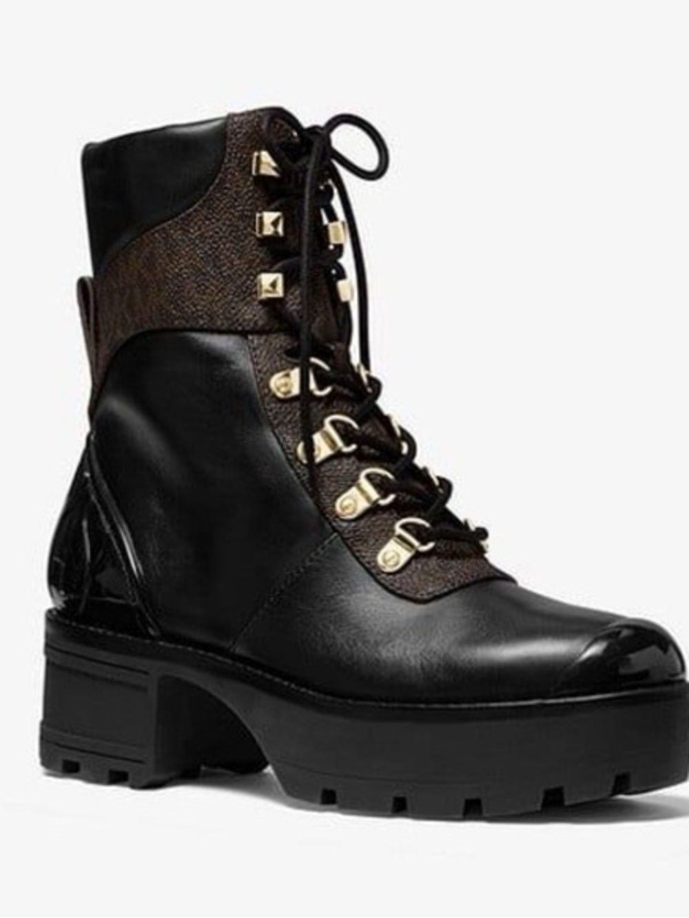 Michael Kors Women's Black Leather Lace-Up Chunky Boot with Gold Hardware